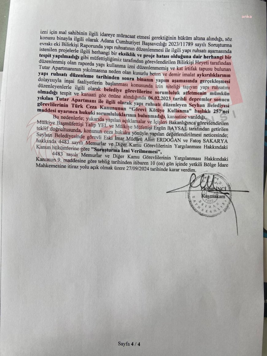 Depremde 63 kişiye mezar olan Tutar Yapı Sitesi C Blok davasında yeni gelişme: Kaymakamlık, 2 kamu görevlisine soruşturma izni vermedi