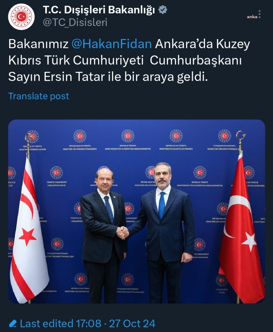 Dışişleri Bakanı Fidan, KKTC Cumhurbaşkanı Tatar ile görüştü