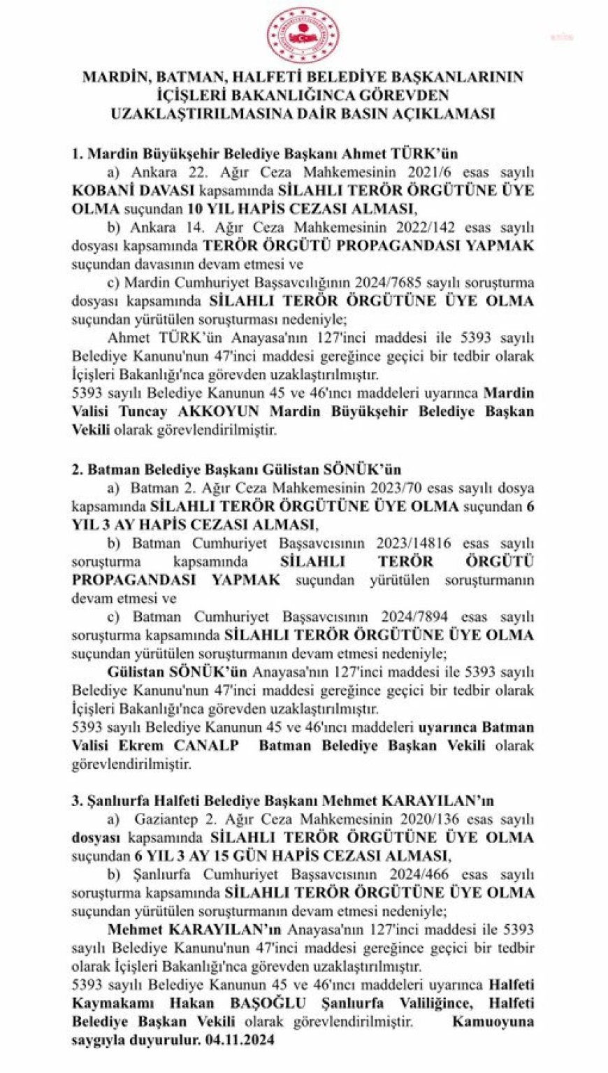 İçişleri Bakanlığı: Mardin, Batman ve Halfeti Belediye Başkanları görevden uzaklaştırıldı ve yerlerine kayyum atandı