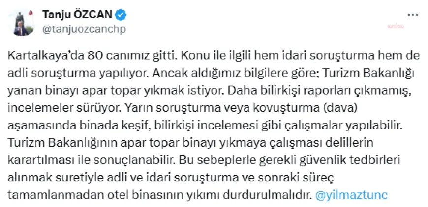 Kartalkaya'daki yangın faciası... Tanju Özcan: "Turizm Bakanlığı yanan binayı apar topar yıkmak istiyor"