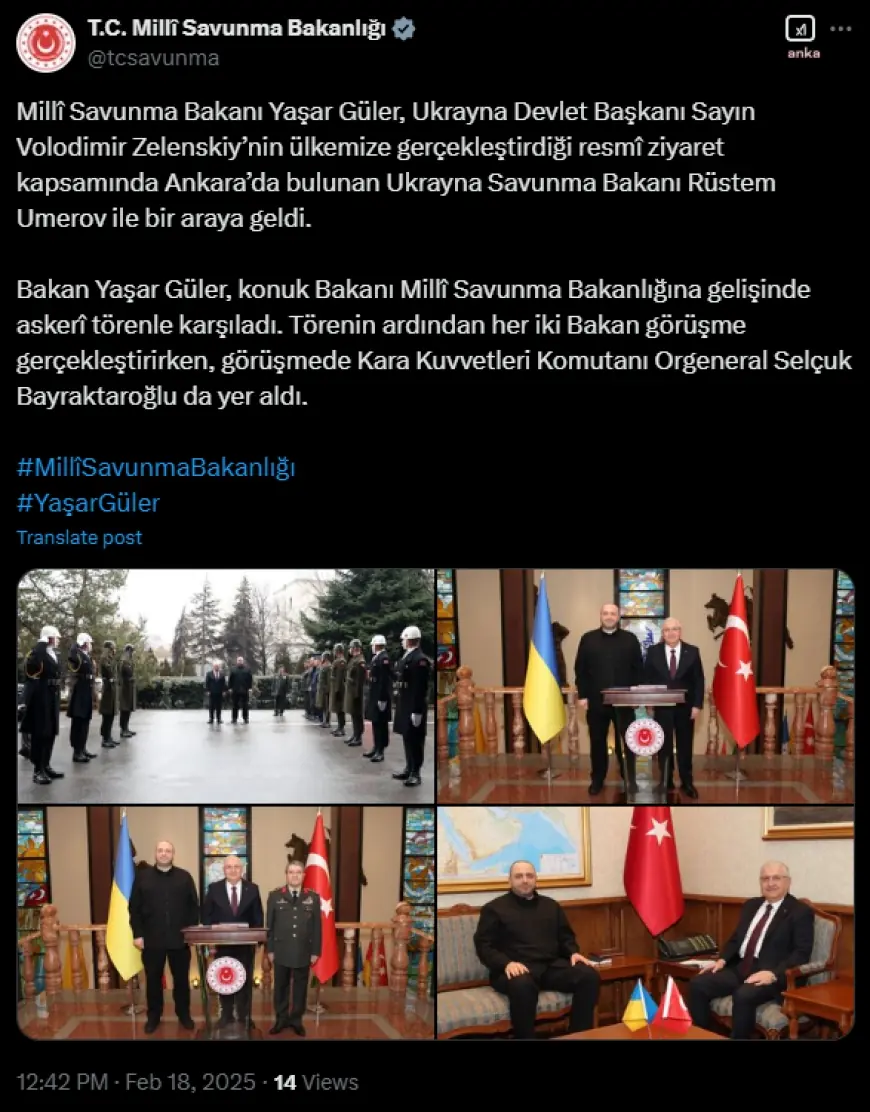 Milli Savunma Bakanı Güler, Ukrayna Savunma Bakanı Umerov ile Ankara'da görüştü