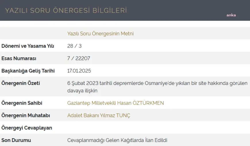 Bakan Yılmaz Tunç, Bilge Sitesi davasına ilişkin soru önergesini yanıtlamadı... Hasan Öztürkmen: "Başını kuma gömmesi kabul edilemez"