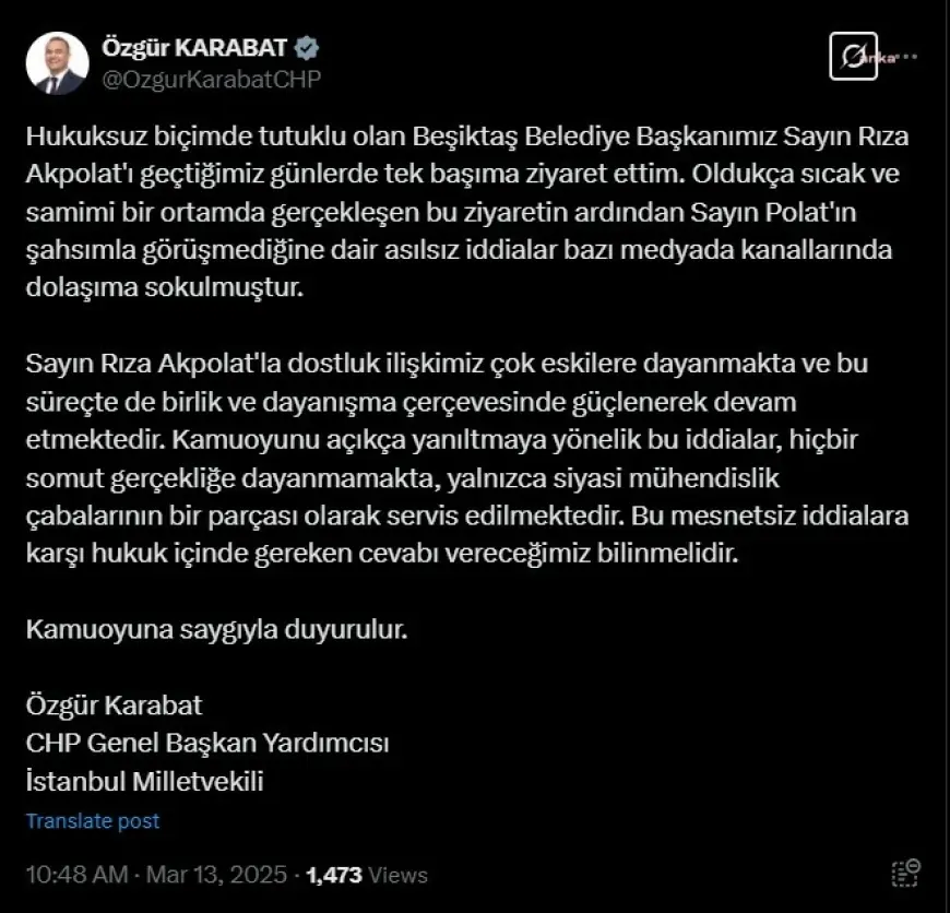 Özgür Karabat: “Rıza Akpolat ile dostluk ilişkimiz çok eskilere dayanmakta ve güçlenerek devam etmektedir”